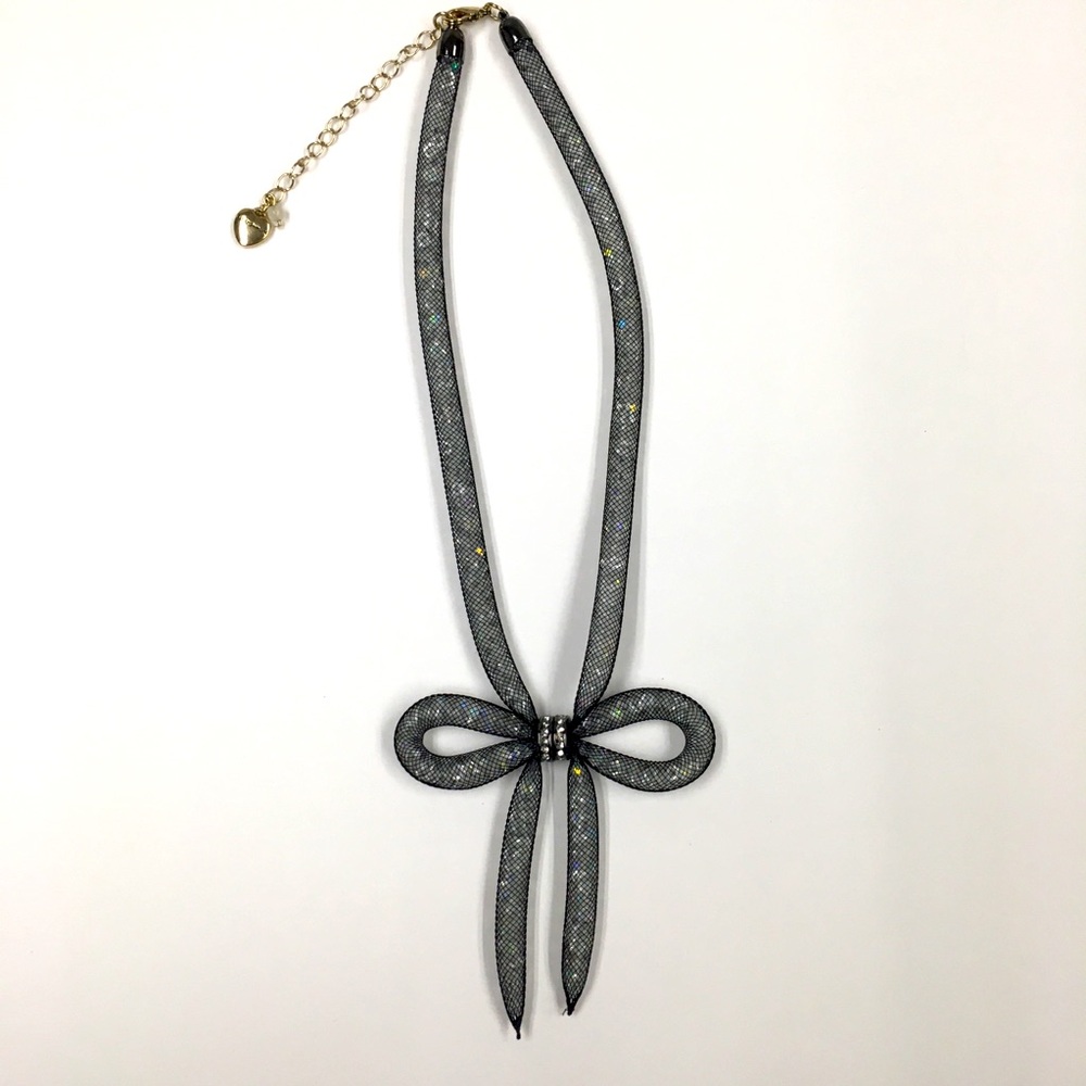 Betsey Johnson Bow Sparkle Rhinestone Necklace Silver Black